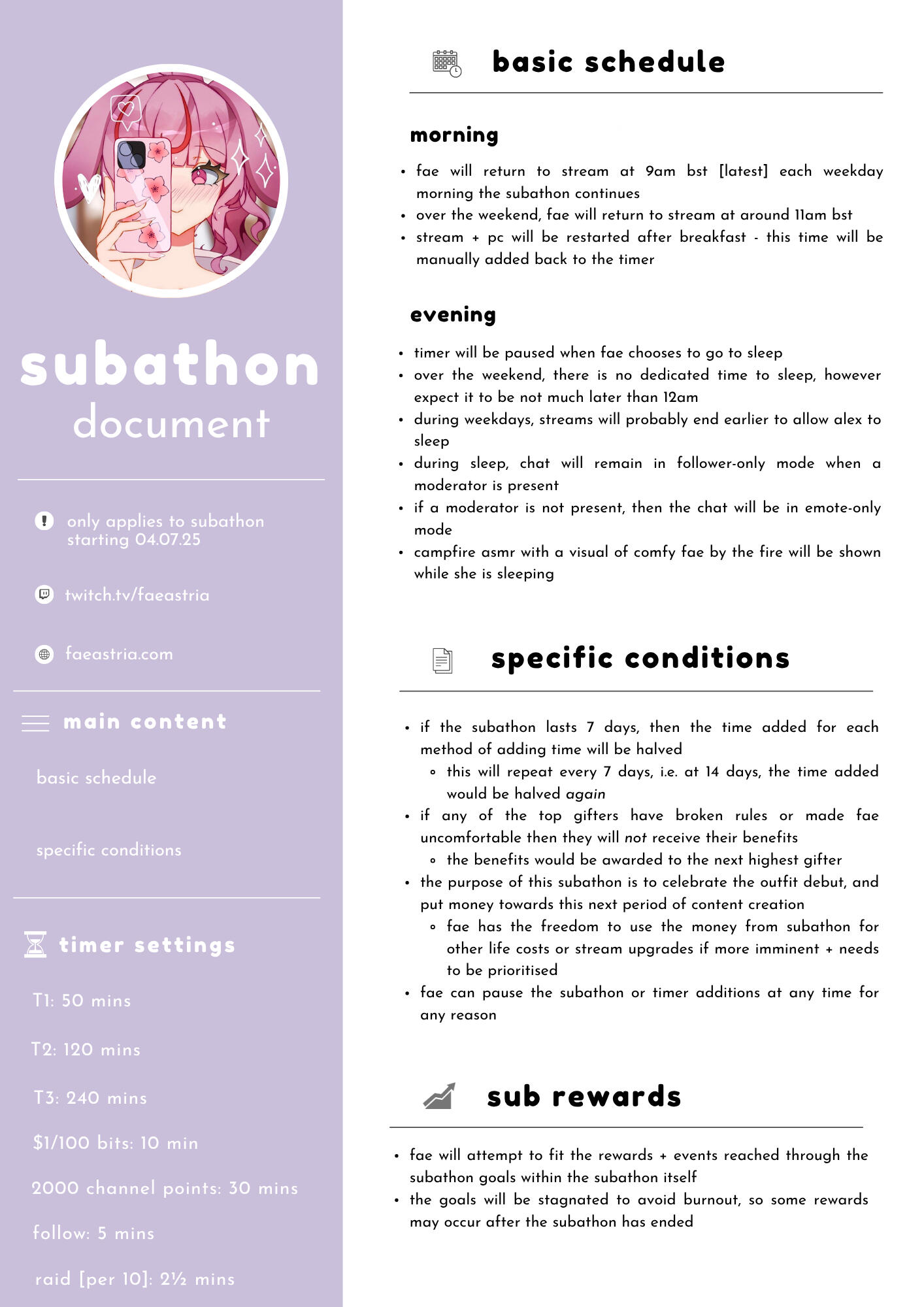 basic schedule morning fae will return to stream at 9am bst [latest] each weekday morning the subathon continues over the weekend, fae will return to stream at around 11am bst stream + pc will be restarted after breakfast - this time will be manually